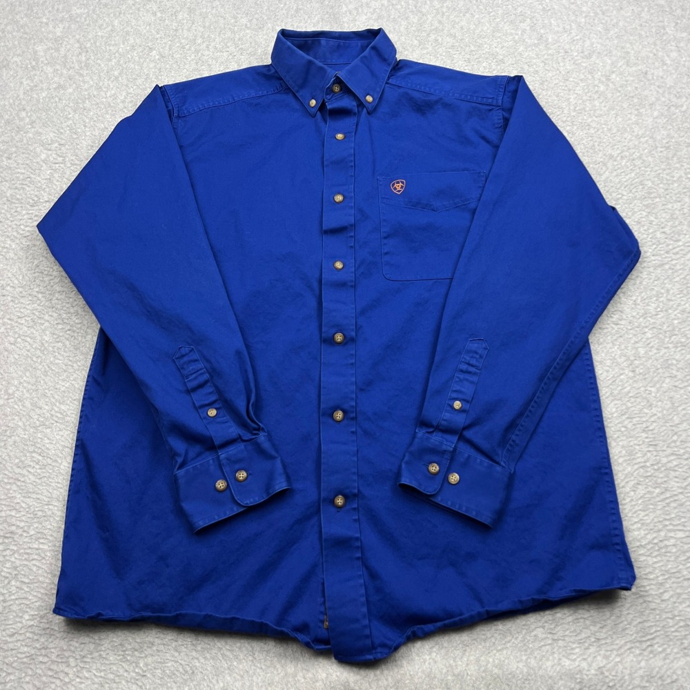 Ariat Solid Twill Classic Fit Shirt Mens Medium Blue Long Sleeve Button Up Work